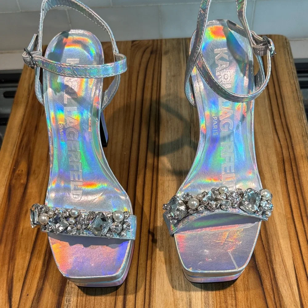 Karl Lagerfeld Holographic Jeweled Platform Sandals - Silver